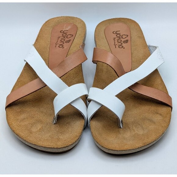 Yokono Sandals Spain Made Toe Thong Leather Strap Women’s Size 7.5 White Brown - Picture 3 of 7